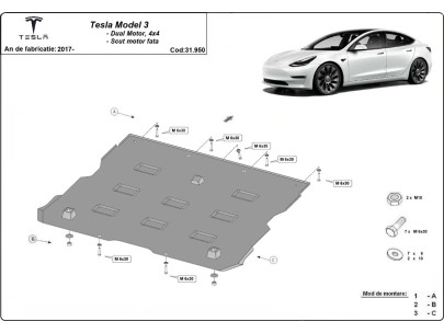 Ocelový kryt předního elektromotoru Tesla Model 3 AWD (2017-2025) 2