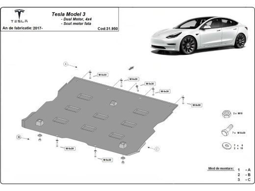 Ocelový kryt předního elektromotoru Tesla Model 3 AWD (2017-2025)Tesla Model 3