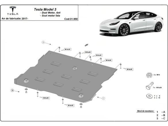 Ocelový kryt předního elektromotoru Tesla Model 3 AWD (2017-2025)Tesla Model 3