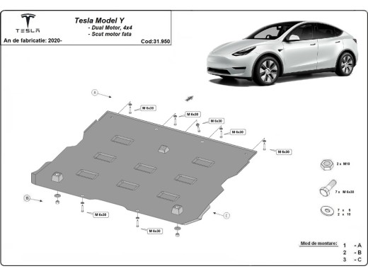 Ocelový kryt předního elektromotoru Tesla Model Y AWD (2020-2023)Tesla Model Y