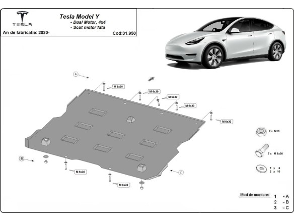 Ocelový kryt předního elektromotoru Tesla Model Y AWD (2020-2023)Tesla Model Y