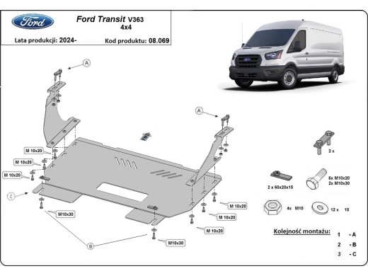 Ocelový kryt motoru Ford Transit V363 4x4 (2024-2025)Ford Transit V363 4X4
