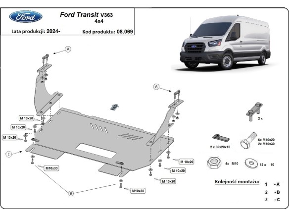 Ocelový kryt motoru Ford Transit V363 4x4 (2024-2025)Ford Transit V363 4X4