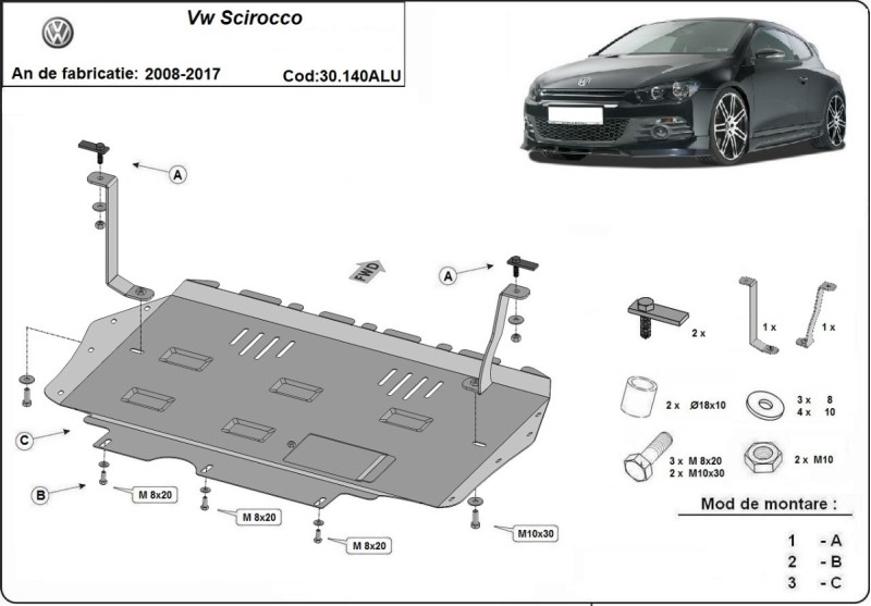Hliníkový kryt motoru Volkswagen Scirocco (2008-2017)