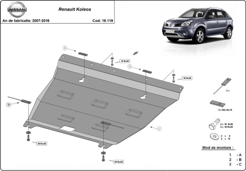 Ocelový kryt motoru Renault Koleos - Vers 2.0 (2007-2016)