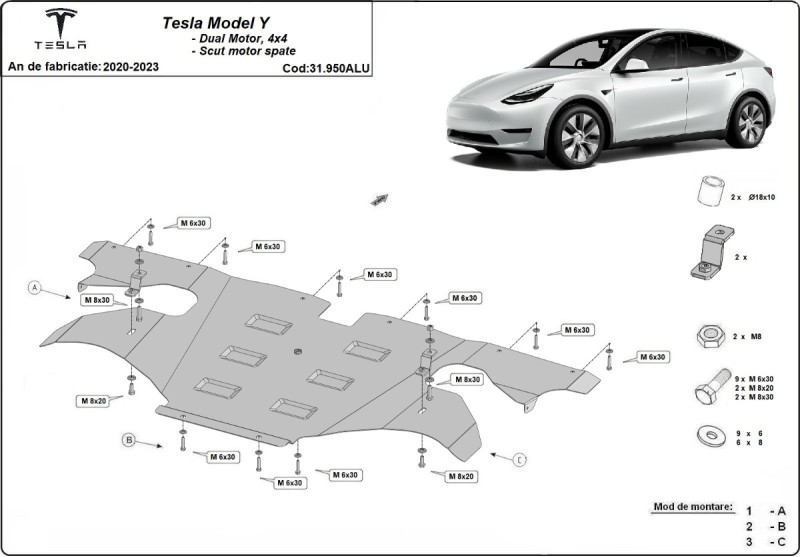 Hliníkový kryt motoru Tesla Model Y (2020-2023)