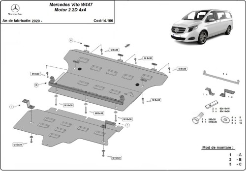 Ocelový kryt motoru Mercedes Vito W447, 2.2 D, 4x4 (2020-2026)