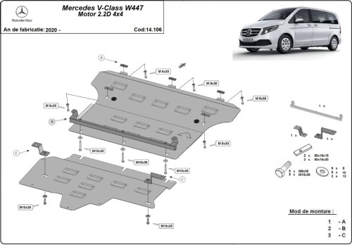 Ocelový kryt motoru Mercedes V-Class W447, 2.2 D, 4x4 (2020-2026)