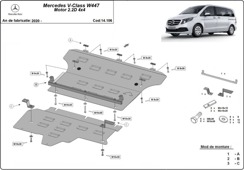 Ocelový kryt motoru Mercedes V-Class W447, 2.2 D, 4x4 (2020-2026)