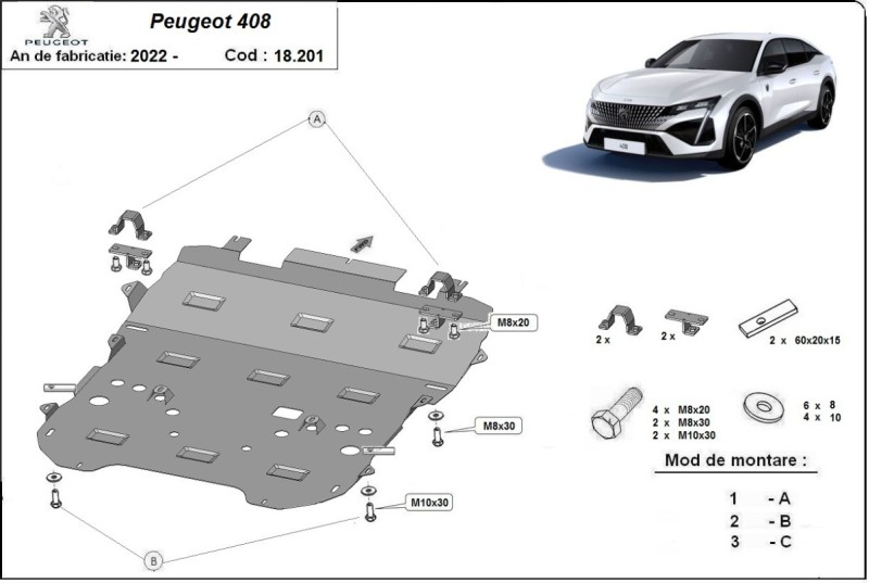 Ocelový kryt motoru Peugeot 408 (2022-2026)