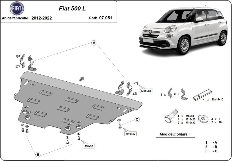 Ocelový kryt motoru Fiat 500 (2012-2022)