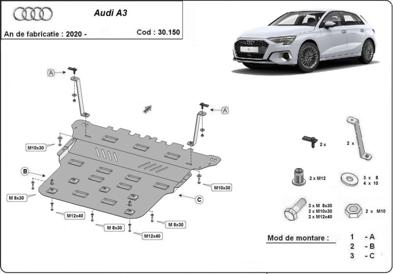 Ocelový kryt motoru Audi A3 (2020-2026)