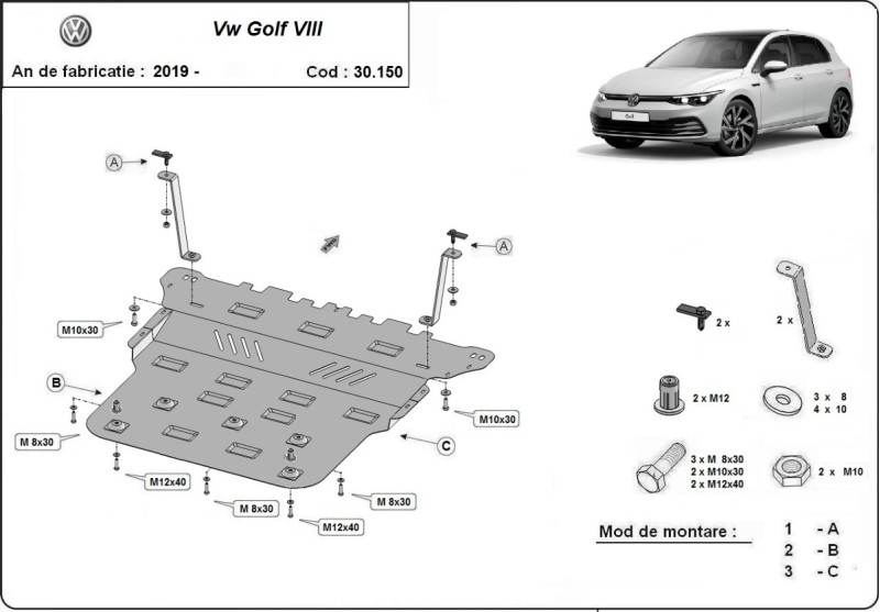 Ocelový kryt motoru VW Golf 8 (2019-2026)